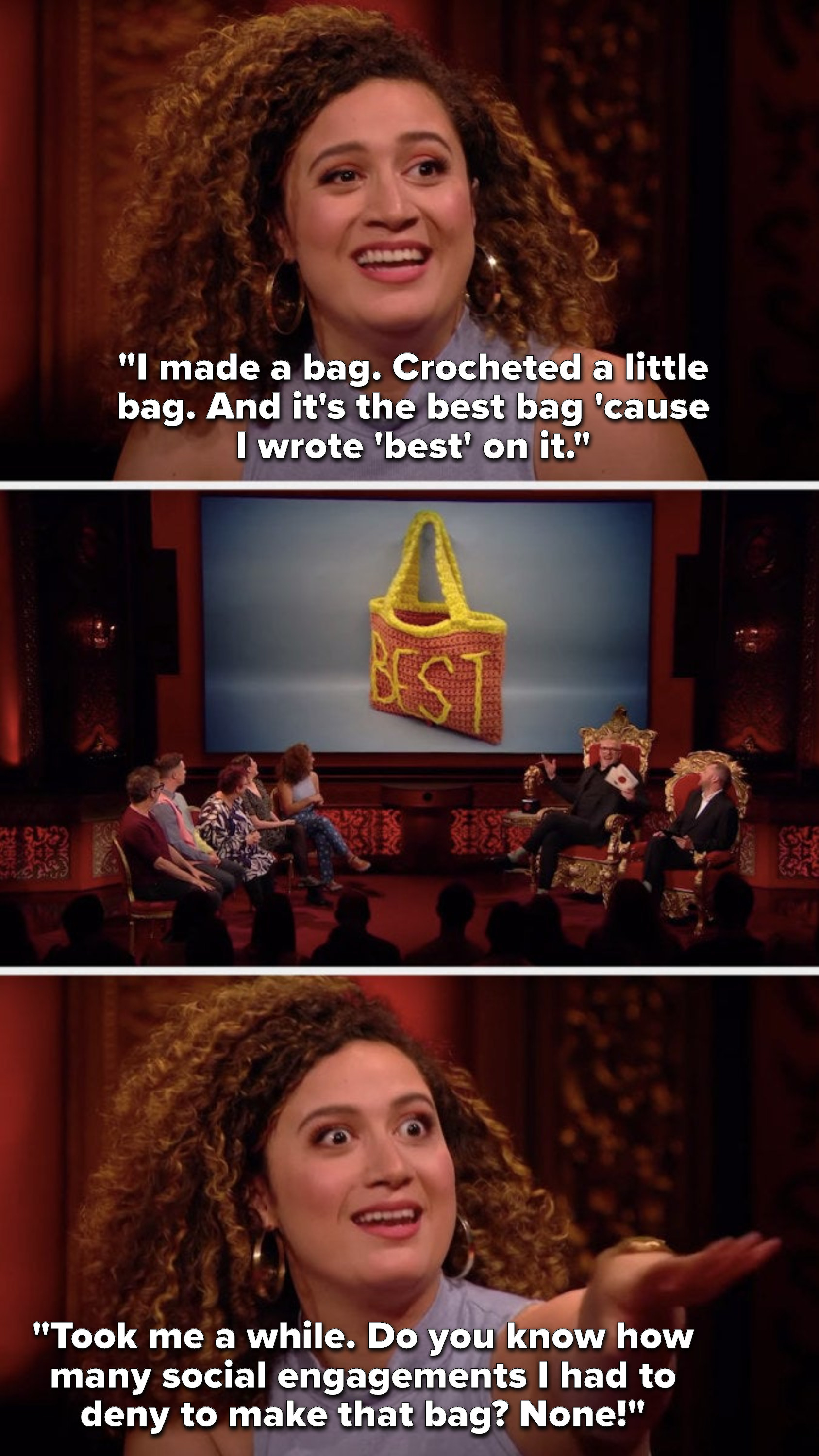 Rose Matafeo says, &quot;I made a bag, crocheted a little bag, and it&#x27;s the best bag &#x27;cause I wrote &#x27;best&#x27; on it, took me a while, do you know how many social engagements I had to deny to make that bag, none&quot;