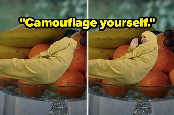 "Camouflage yourself" written over a man wearing a yellow boiler suit who's been photoshopped into a fruit bowl