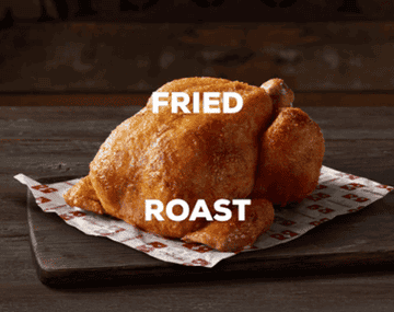 Alternating images of a roast chicken and three pieces of fried chicken with &#x27;fried vs roast&#x27; overlaid.