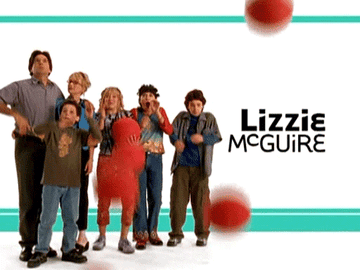 Lizzie McGuire opening credits featuring the full main cast and bouncing red balls that they are swatting away 