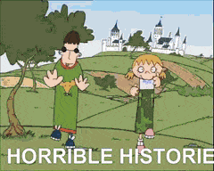 Opening credits to Horrible Histories showing the two main characters switching between different iconic outfits and settings through history, including ancient Egypt and medieval England 