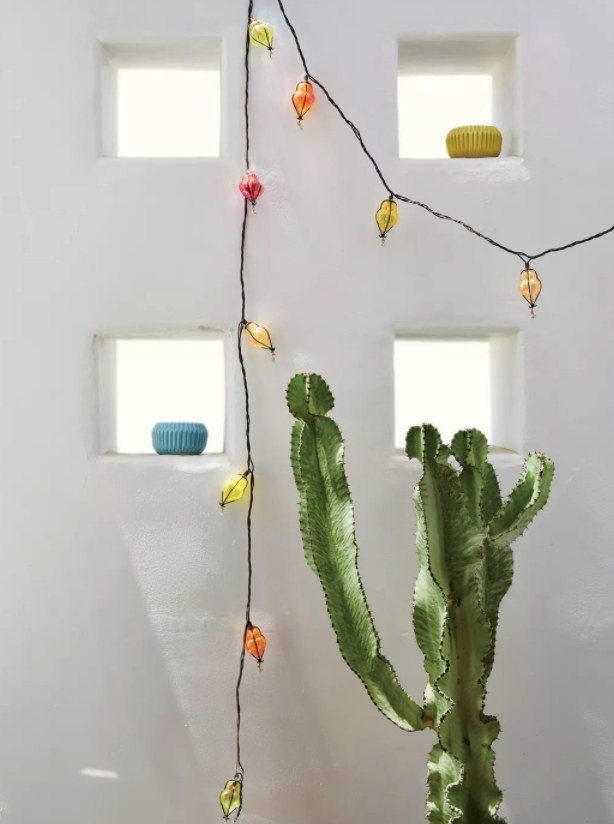 The lights hanging on a wall next to a cactus