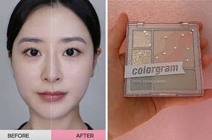 left, before and after of a rosy cream, right, palette