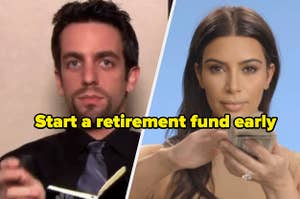 Ryan from "The Office" taking notes and Kim Kardashian throwing money
