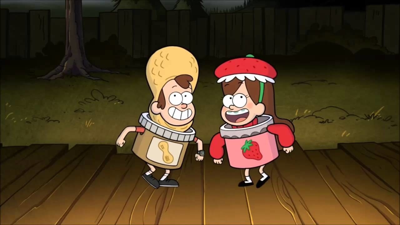 the pines twins wearing peanut butter and jelly costumes