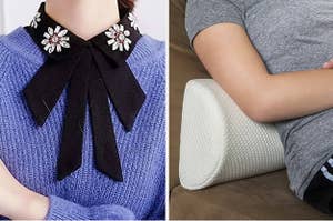 person wearing a sweater and bow dicky under sweater, person leaning on a lumbar pillow