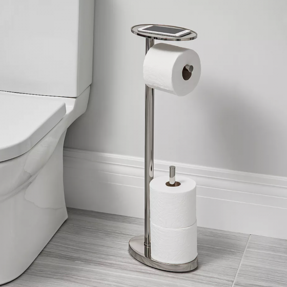 the toilet paper holder with two rolls in the base and a phone on the stand part