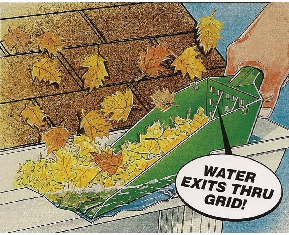 Illustration of the scoop removing leaves from a gutter with the caption 