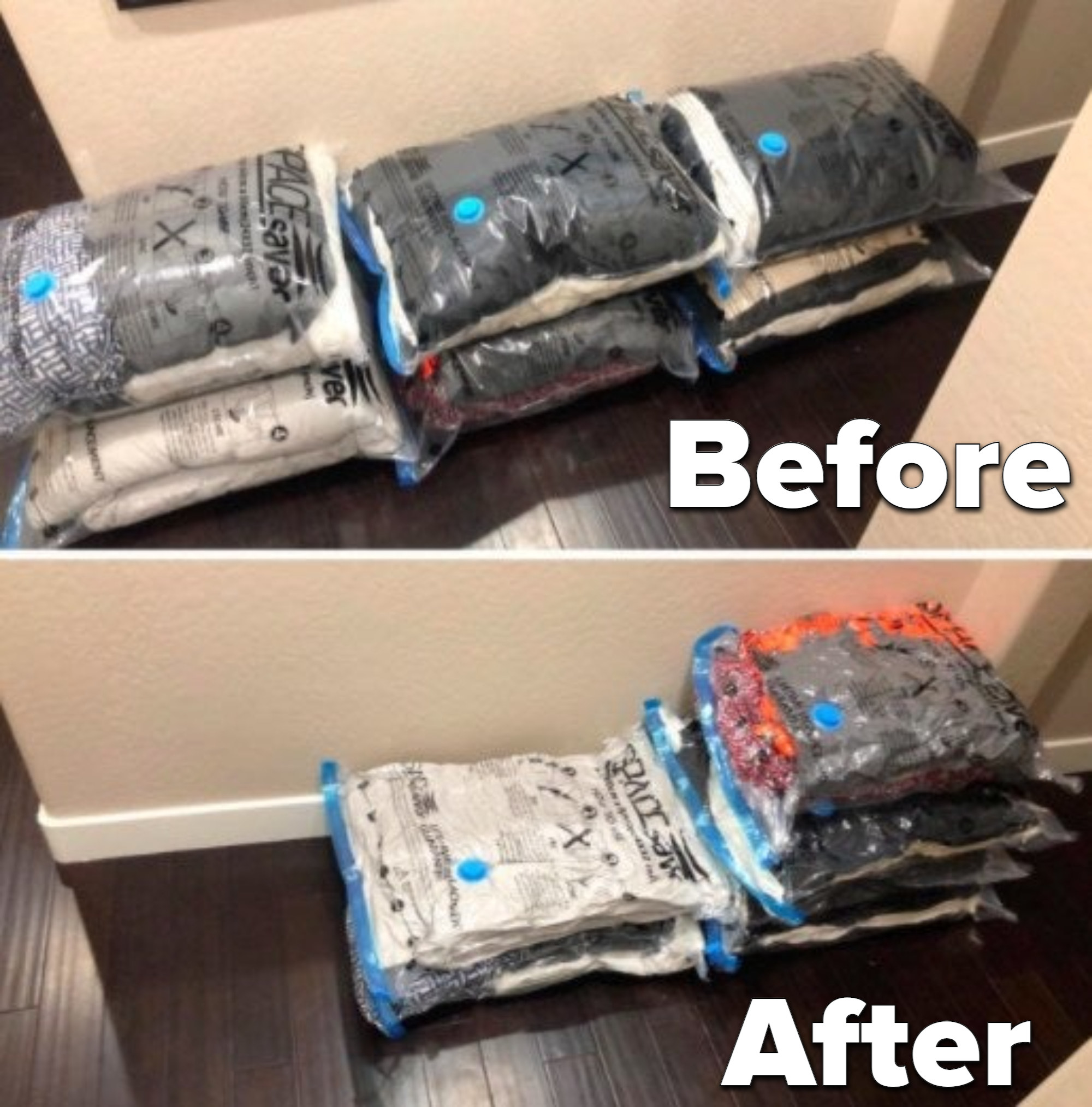 before and after of vacuum storage bags full of clothes, puffy then flattened