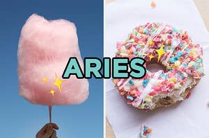 On the left, some cotton candy, and on the right, a donut with Fruity Pebbles and icing on top labeled "Aries" with sparkle emojis around it