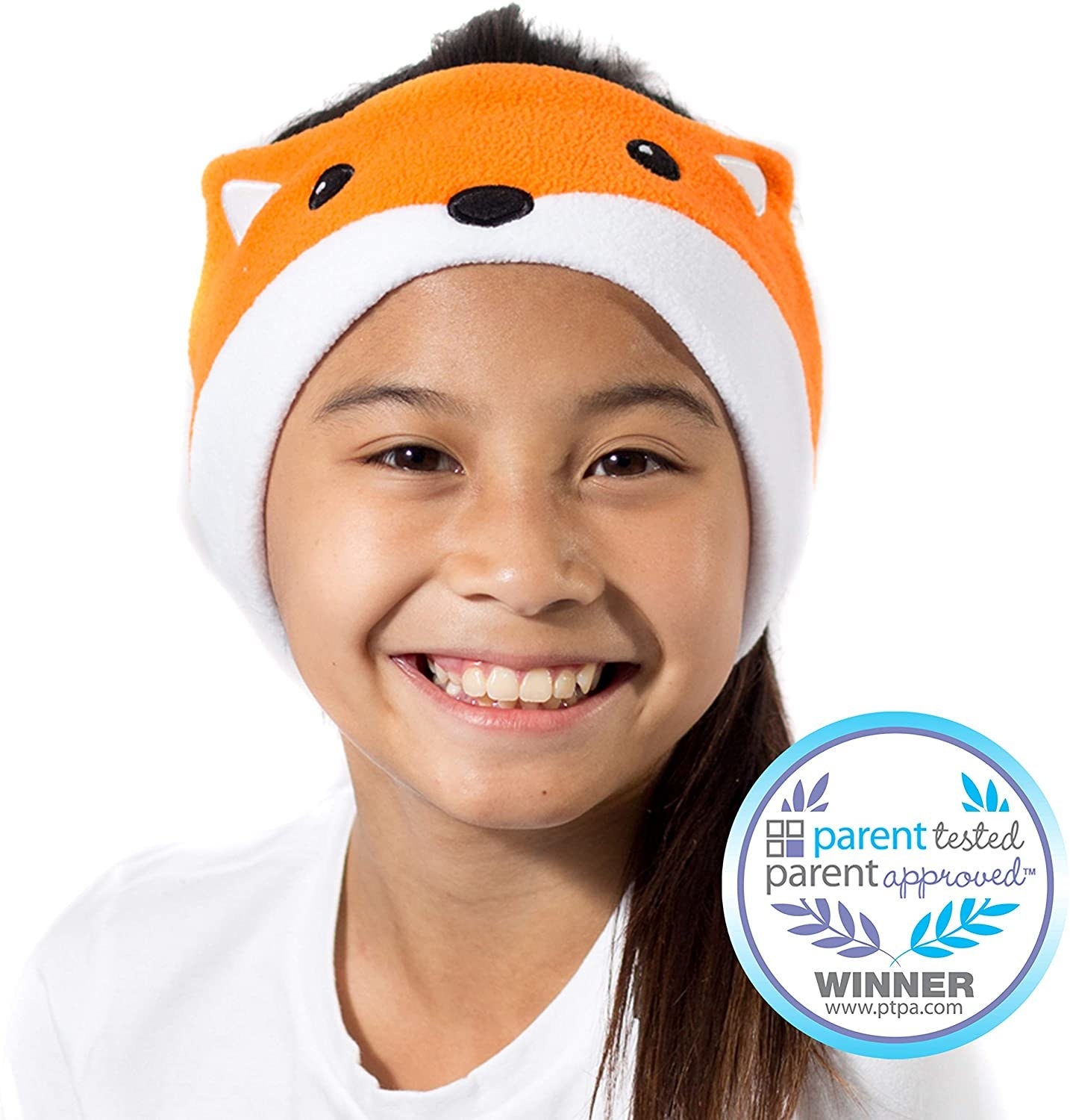 Child wearing fox-themed wrap around headband earphones 