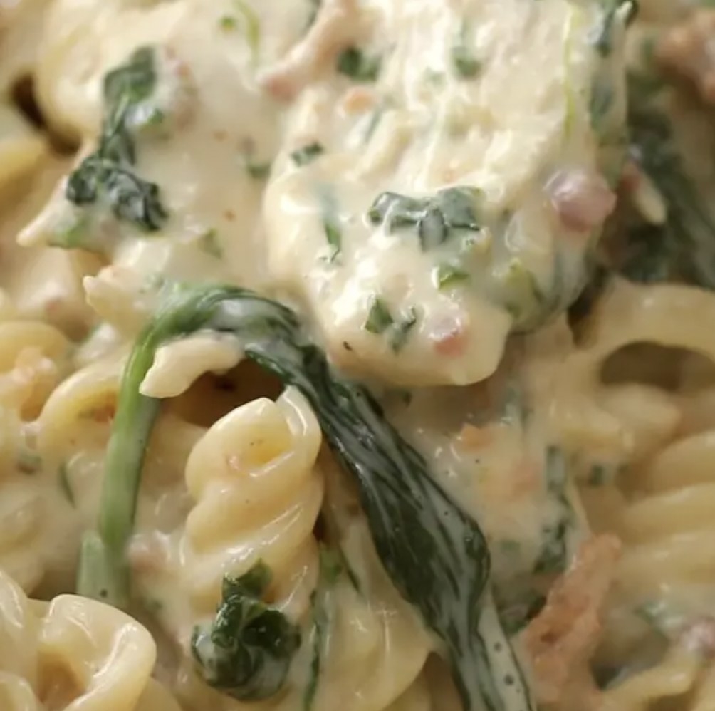 rotini pasta with chicken and spinach in an alfredo sauce