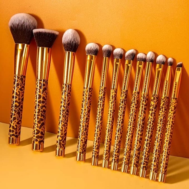 set of makeup brushes with leopard print handles