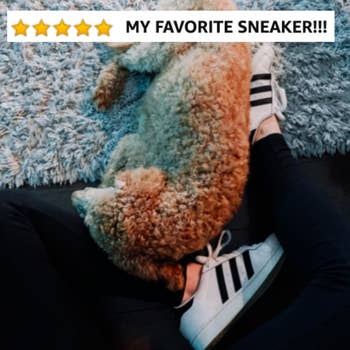 reviewer wearing the classic adidas with five-star Amazon caption 