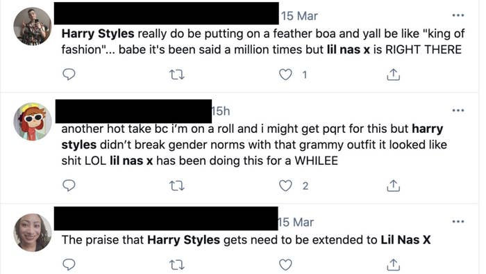 One person said, &quot;Harry Styles really do be putting on a feather boa and y&#x27;all be like &quot;king of fashion&quot;...babe it&#x27;s been said a million times but lil nas x RIGHT THERE