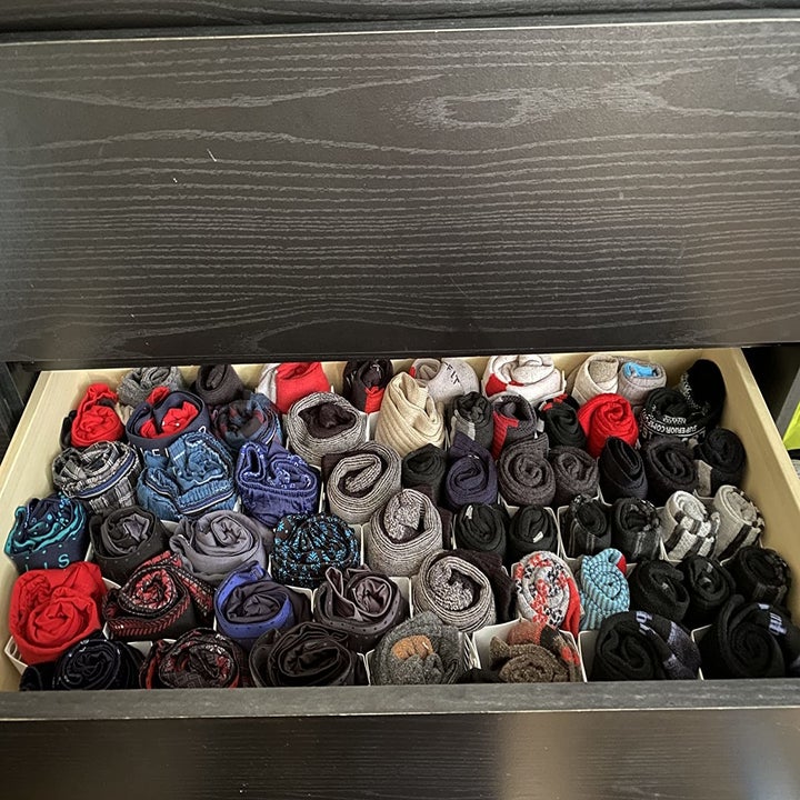 The same drawer, with the socks neatly organized in the dividers