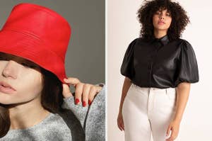 a model wearing a red bucket hat and a model in a black poof-sleeve top
