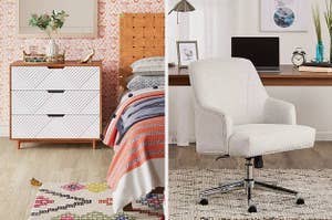 A split photo of a wooden nightstand with textured white drawers and an ivory office chair with studded details that's on wheels