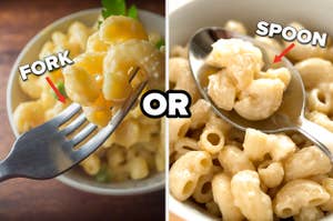 A fork with mac 'n' cheese compared to a spoon with mac 'n' cheese