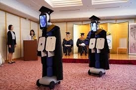 Robots standing in for virtual college graduation.