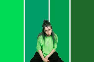 Billie Eilish in front of several different shades of green