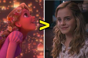 Rapunzel on the left and Hermione on the right with a greater than sign pointing at rapunzel 