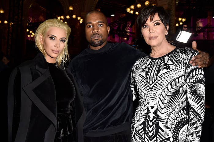 (L to R) Kim Kardashian, Kanye West and Kris Jenner attend the Balmain show as part of the Paris Fashion Week Womenswear Fall/Winter 2015/2016