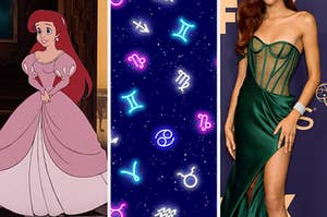 On the left, Ariel from "The Little Mermaid" wearing a gown, and in the middle, zodiac symbols, and on the right, Zendaya wearing a strapless gown with a silk skirt with a slit