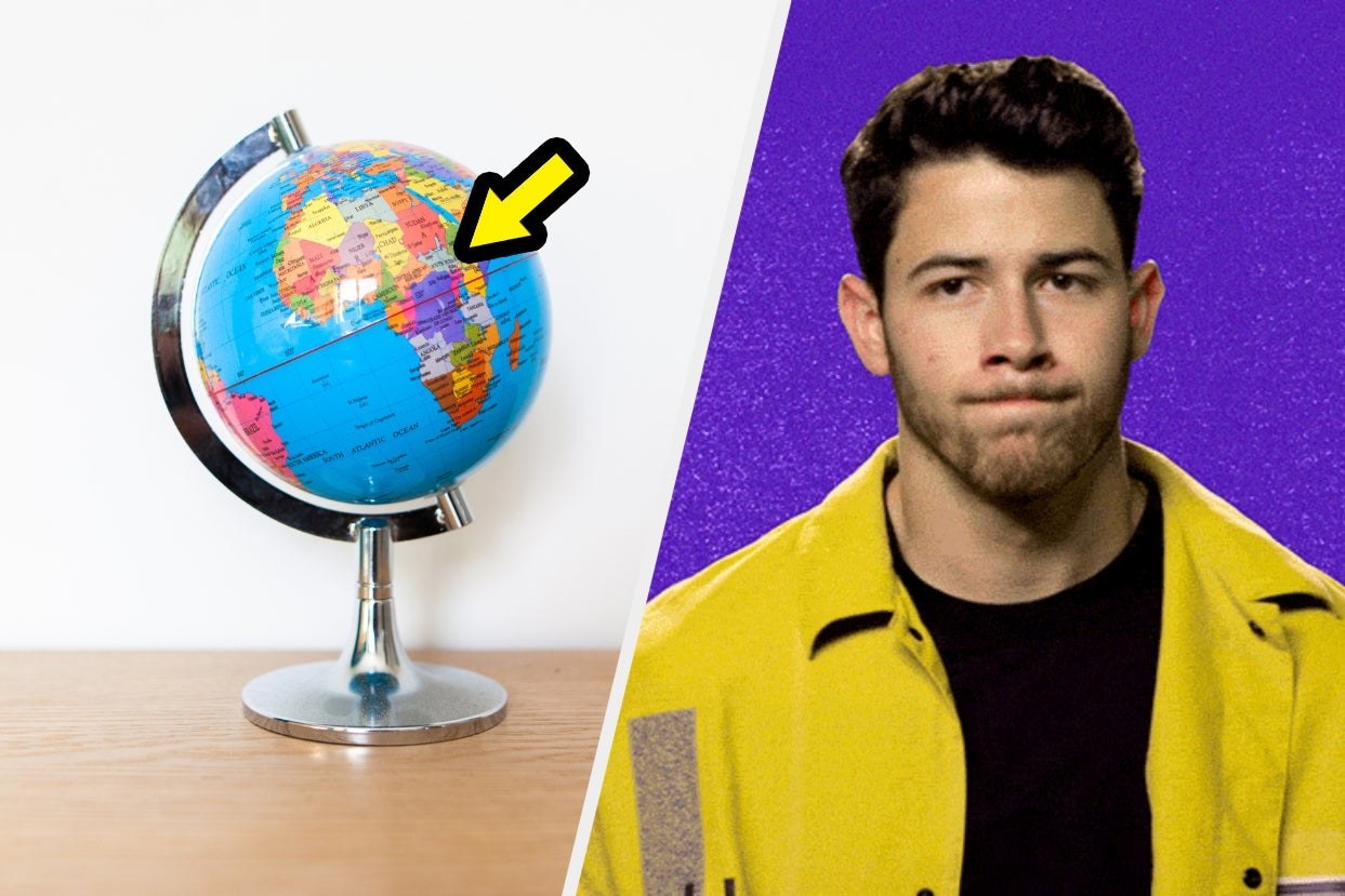 Globe with arrow and Nick Jonas looking confused 