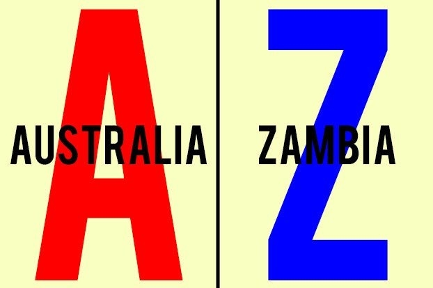A with the word &quot;Australia&quot; and Z with the word &quot;Zambia&quot; 