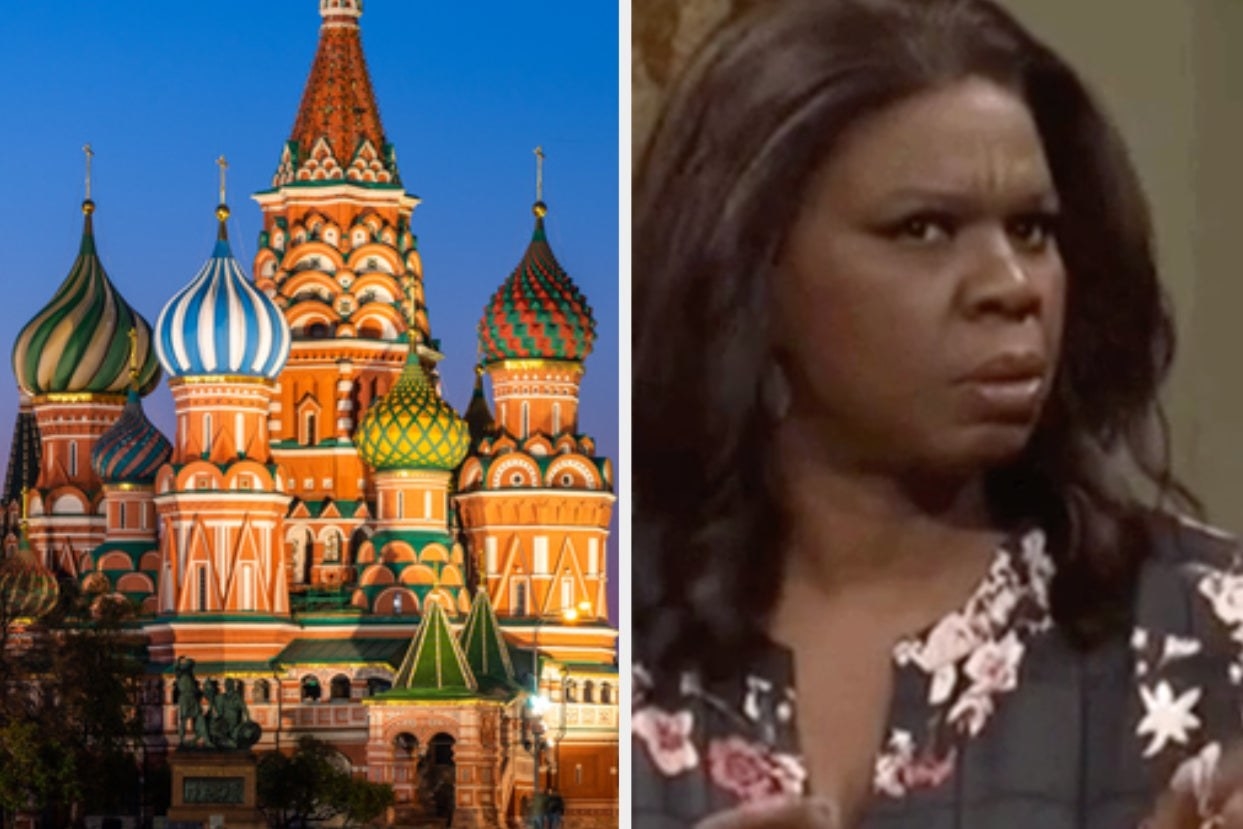 Side-by-side images of St. Basil&#x27;s Cathedral and a confused Leslie Jones from SNL 
