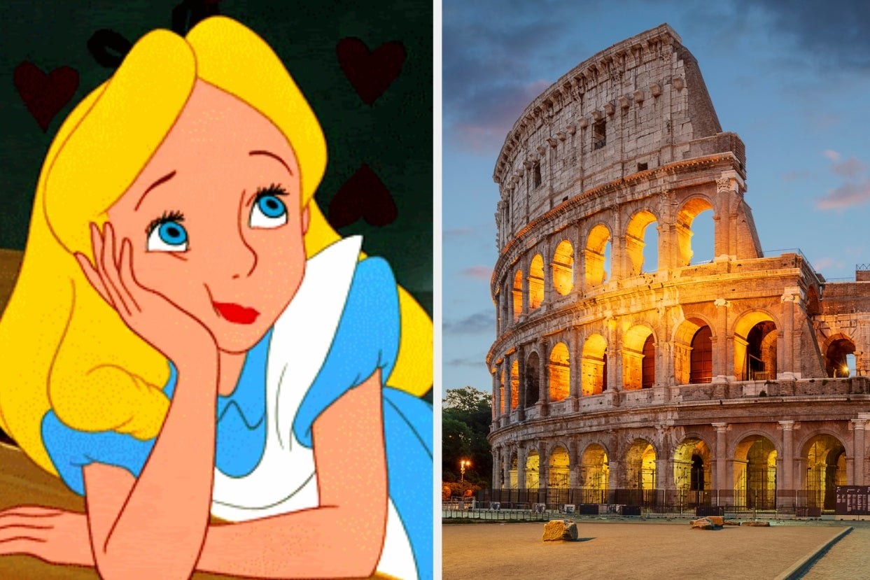 Alice from alice in wonderland on the left thinking and the colosseum in rome on the right 
