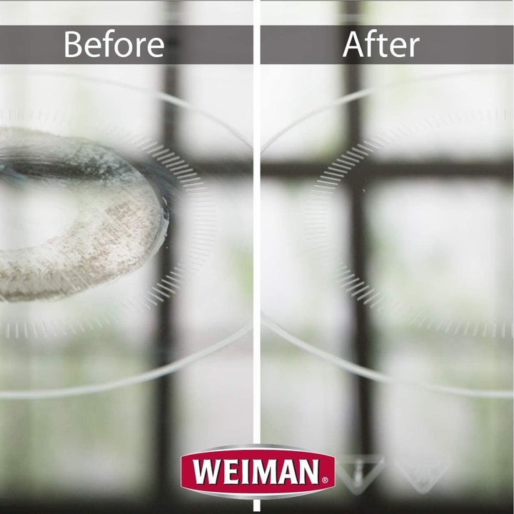 Before-and-after photo showing results of using Weiman Cook Top Scrubbing Pads