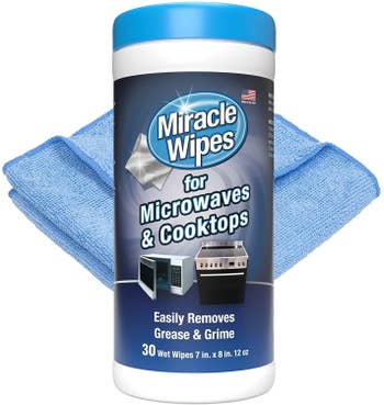 Jar of Miracle Wipes for Microwave and Cooktops with microfiber cloth
