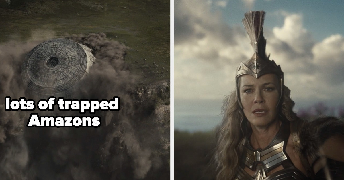 On the left there are Amazons trapped and on the right Hippolyta looks on in anguish