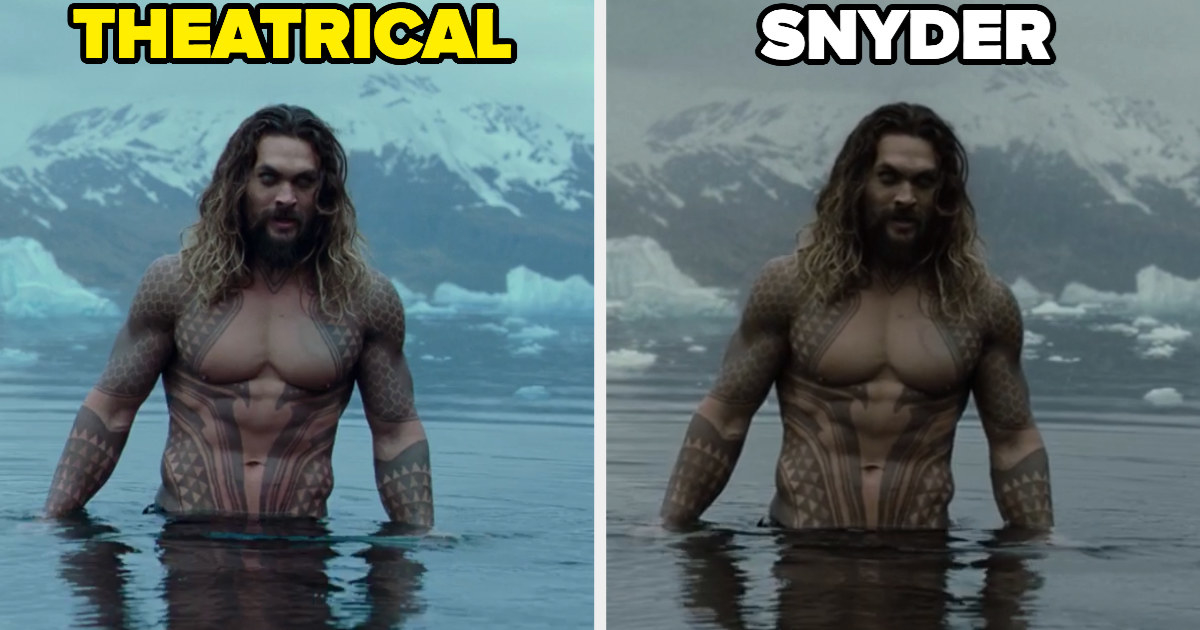 Aquaman&#x27;s theatrical introduction on the left and the Snyder version on the right with a different color palette