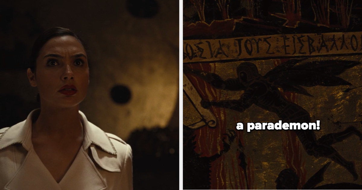 Diana on the left and a closeup of the cave painting on the right with the caption, &quot;a parademon!&quot;