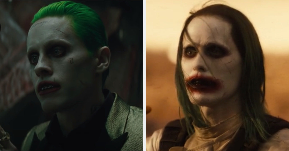 The Suicide Squad version of the Joker has bright green hair, face tattoos while the Snyder version is disheveled with longer hair that&#x27;s a faded green, smudged makeup, and no face tattoos