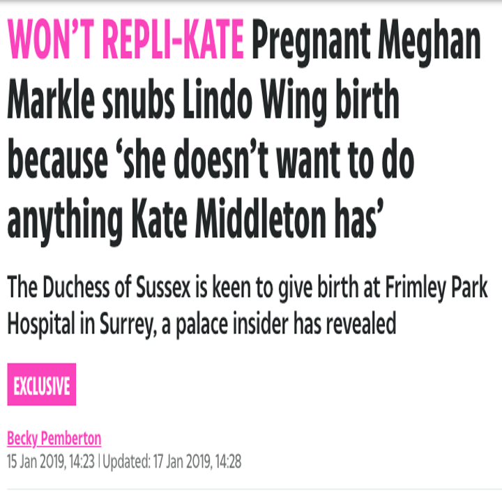 WON’T REPLI-KATE Pregnant Meghan Markle snubs Lindo Wing birth because ‘she doesn’t want to do anything Kate Middleton has’ / The Duchess of Sussex is keen to give birth at Frimley Park Hospital in Surrey, a palace insider has revealed