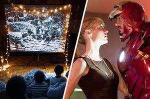 A family sits on blankets on the floor in front of a pop up movie screen covered in fairy lights and Gwyneth Paltrow as Pepper Potts and Robert Downey Jr. as Tony Stark in the movie "Iron Man 3."
