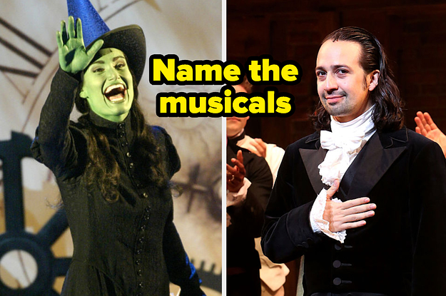 Idina Menzel and Lin-Manuel Miranda in costume with text, "Name the musicals"