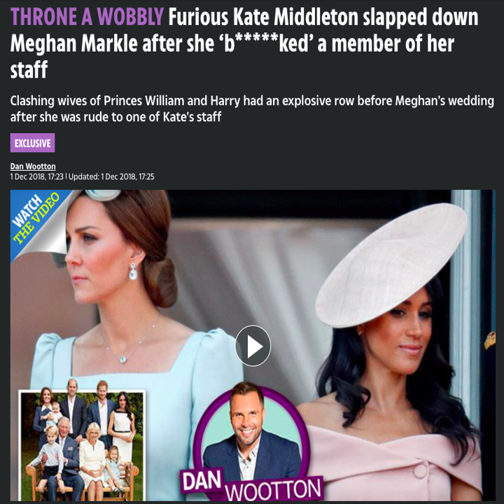THRONE A WOBBLY: Furious Kate Middleton slapped down Meghan Markle after she ‘b*****ked’ a member of her staff / Clashing wives of Princes William and Harry had an explosive row before Meghan's wedding after she was rude to one of Kate's staff