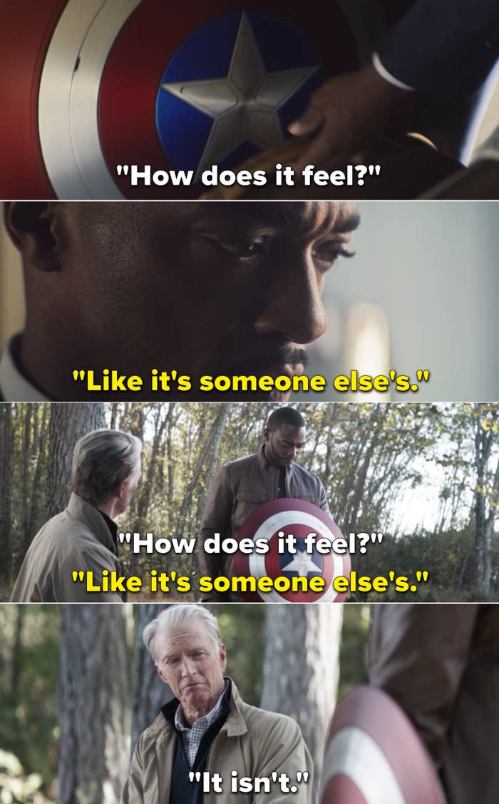 Steve asking Sam, "How does it feel?" and Sam saying, "Like it's someone else's"