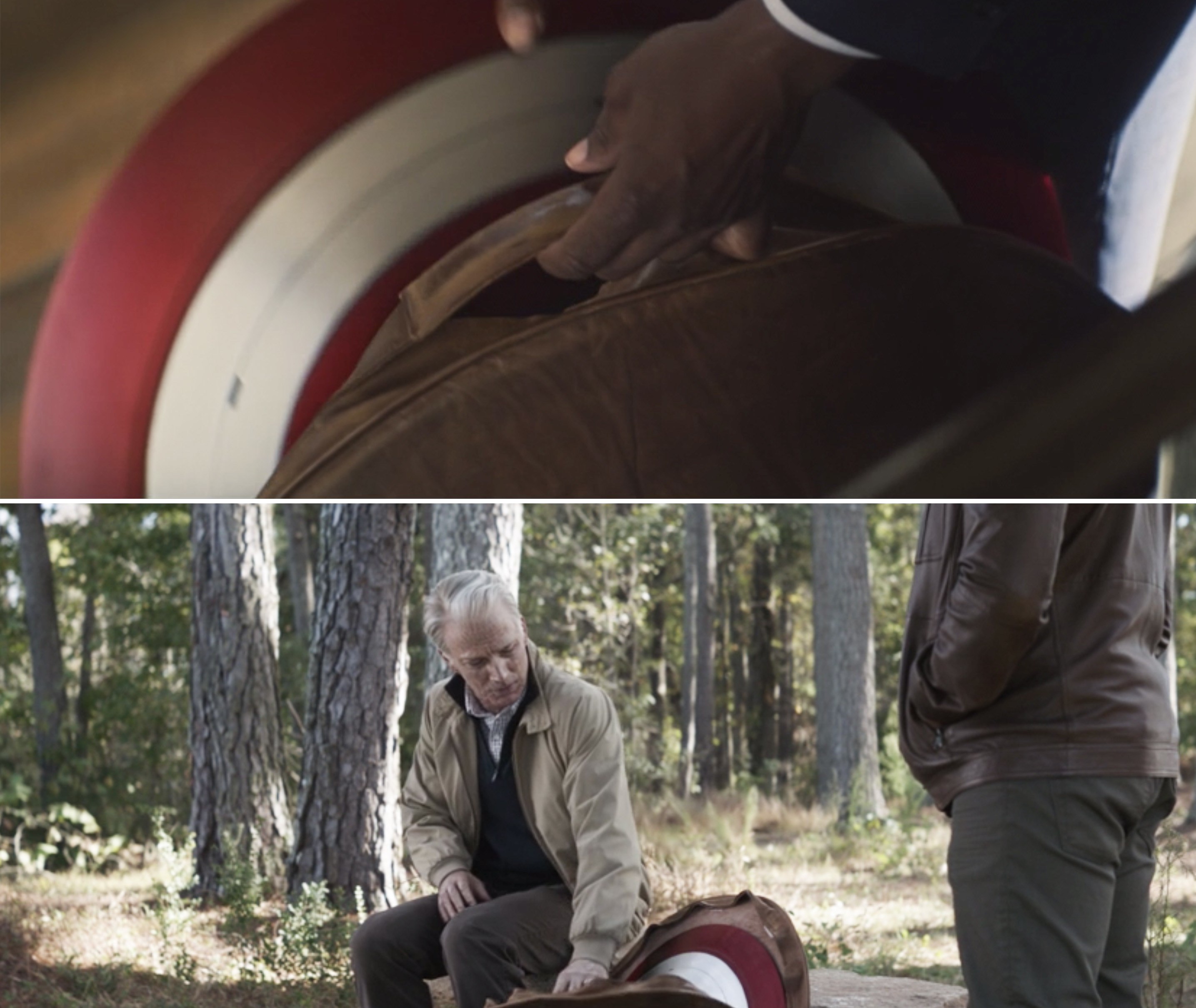 Sam zipping the shield into the same brown bag Steve used