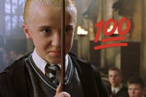 draco malfoy holding his wand in front of his face with a 100 emoji next to him