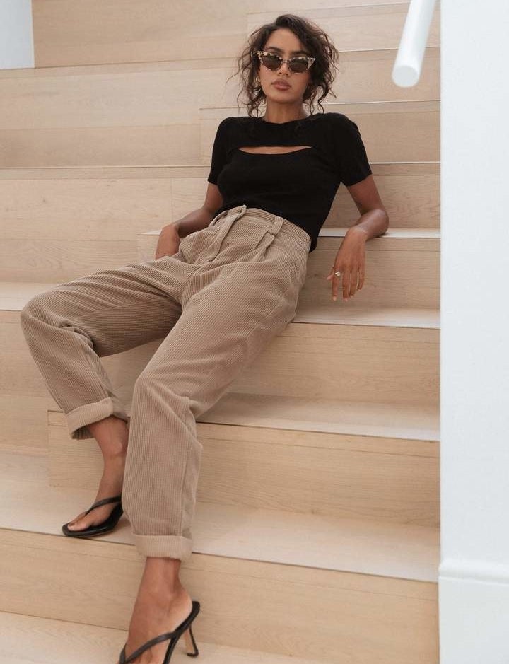 model wearing the light brown pants