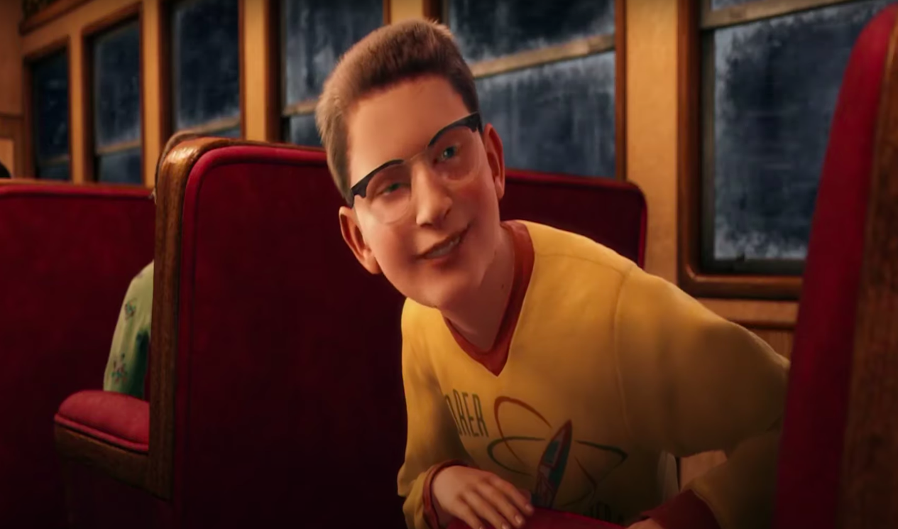 The kid with glasses talking