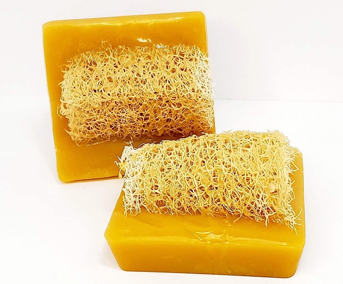 The yellow bar soap with a loofah embedded in it