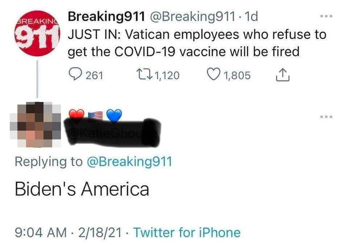 tweet saying people at the vatican are fired for not getting vaccinated and someone says biden&#x27;s america