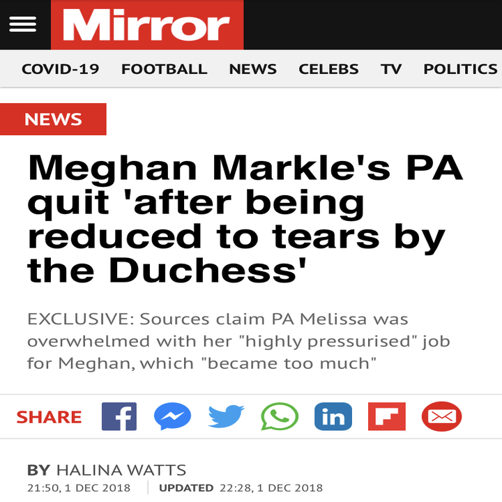 Meghan Markle's PA quit 'after being reduced to tears by the Duchess' / EXCLUSIVE: Sources claim PA Melissa was overwhelmed with her "highly pressurised" job for Meghan, which "became too much"
